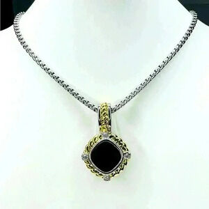 14K GP Two Tone Onyx Pendant Necklace Gorgeous